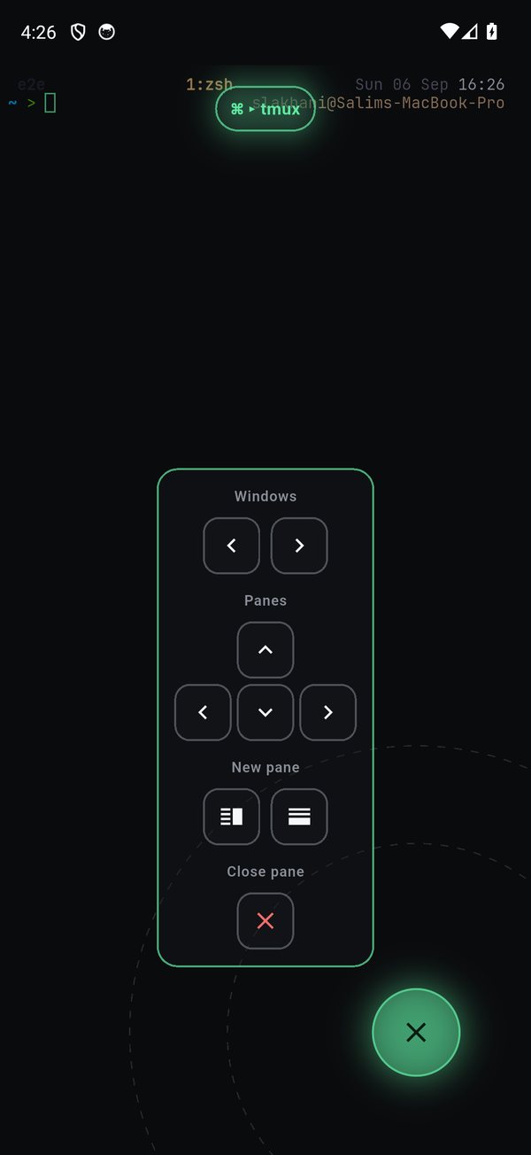 The Command Dial's multiplexer panel: windows, panes, split, and close, sent out-of-band