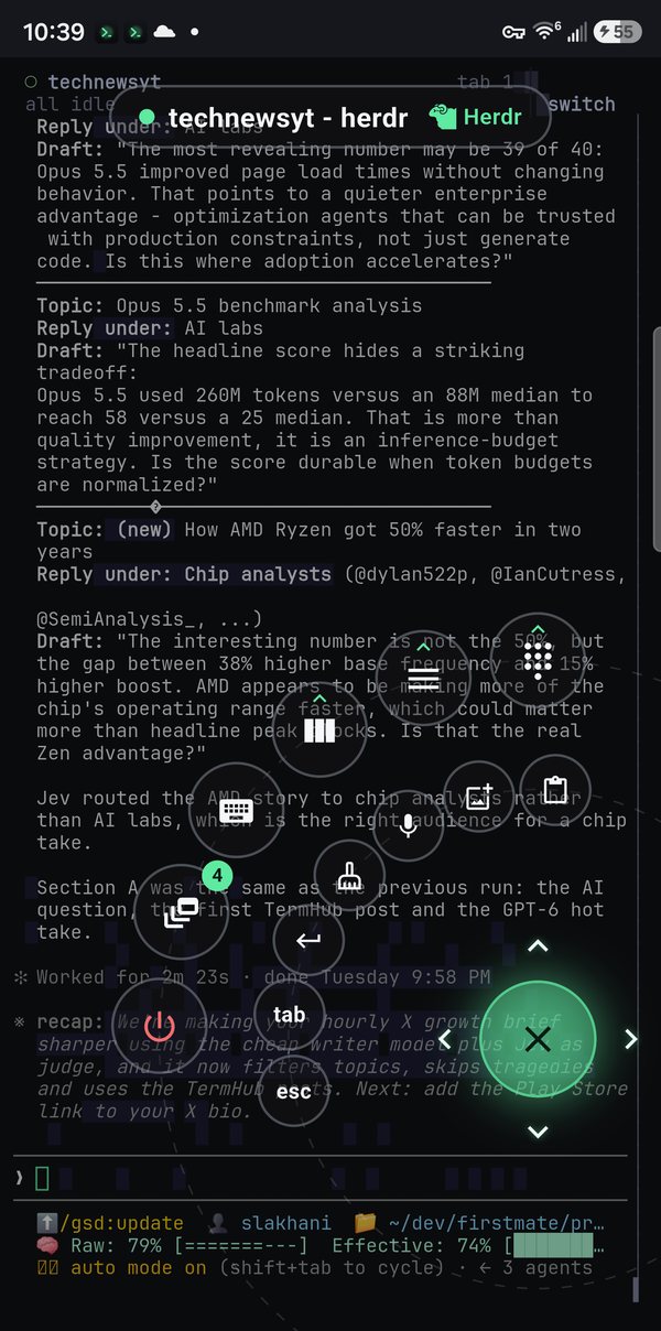 Connected from the phone: Claude Code in Herdr with the Command Dial open