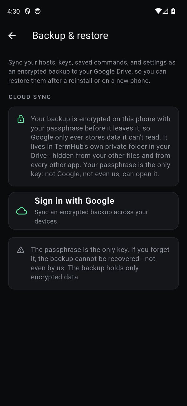 TermHub's Backup and restore screen, encrypted cloud sync to your own Google Drive, with the passphrase-is-the-only-key note.
