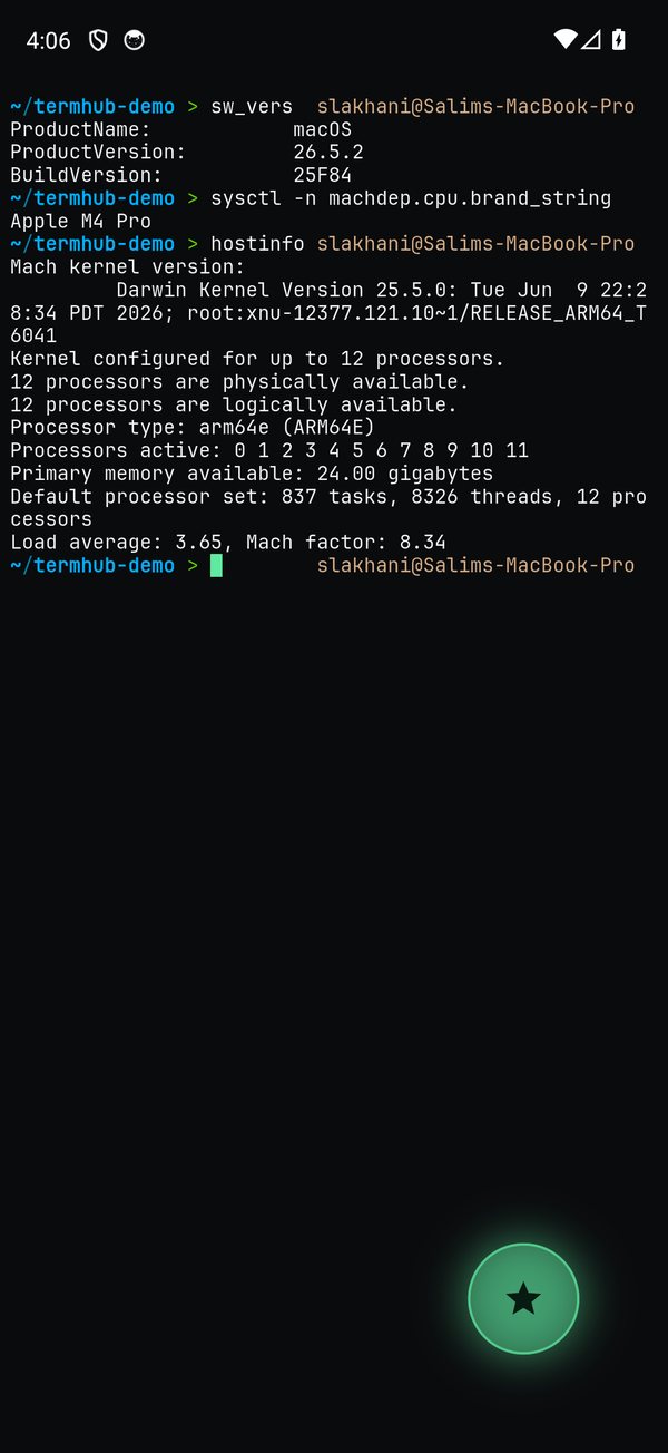 A live TermHub SSH session showing system info, with the Command Dial puck resting in the corner.