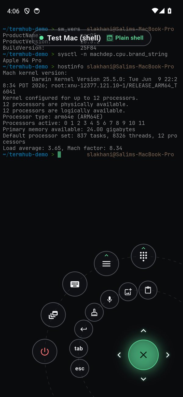 The Command Dial open over a live session, keys, voice, Send Image, and multiplexer control, translucent so the terminal shows through.