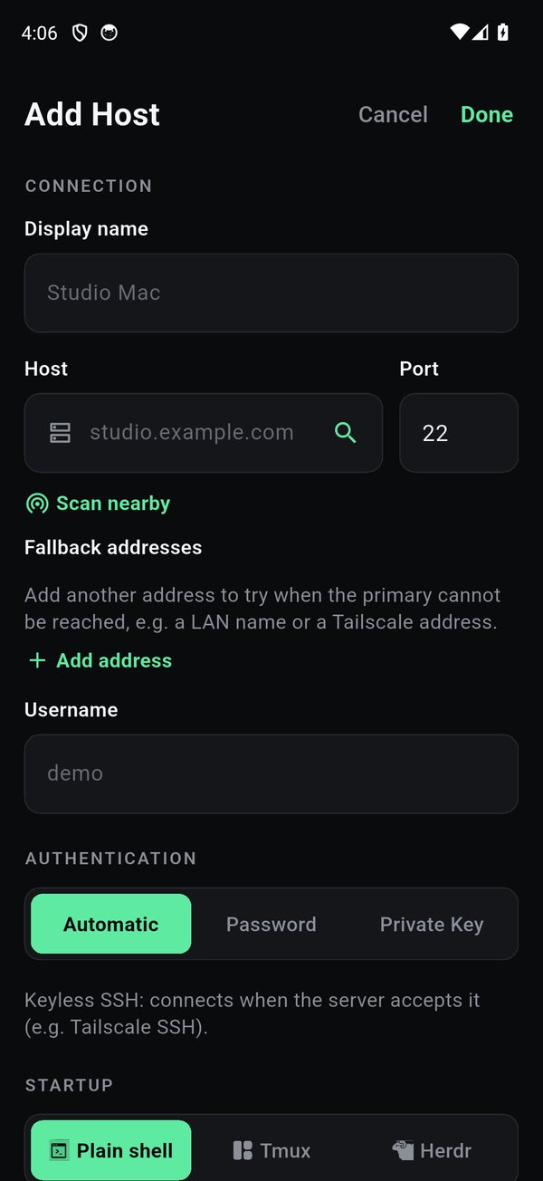 The Add Host form, display name, host and port, fallback addresses, username, and authentication.