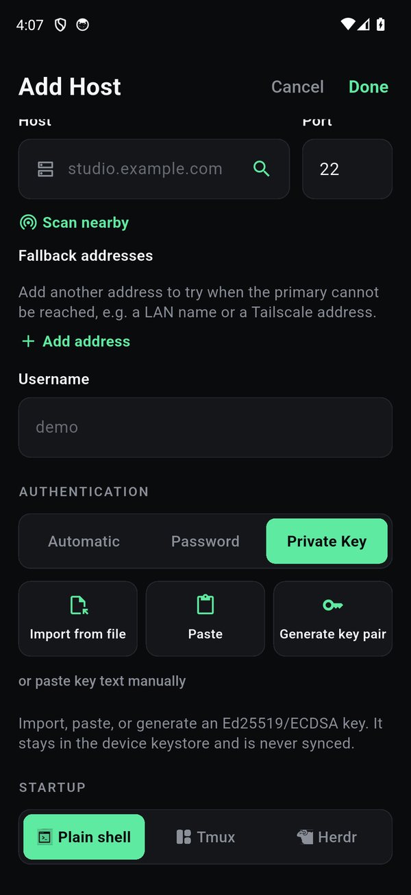 Private Key auth, import from file, paste, or generate an Ed25519 key pair; the key stays in the device keystore.