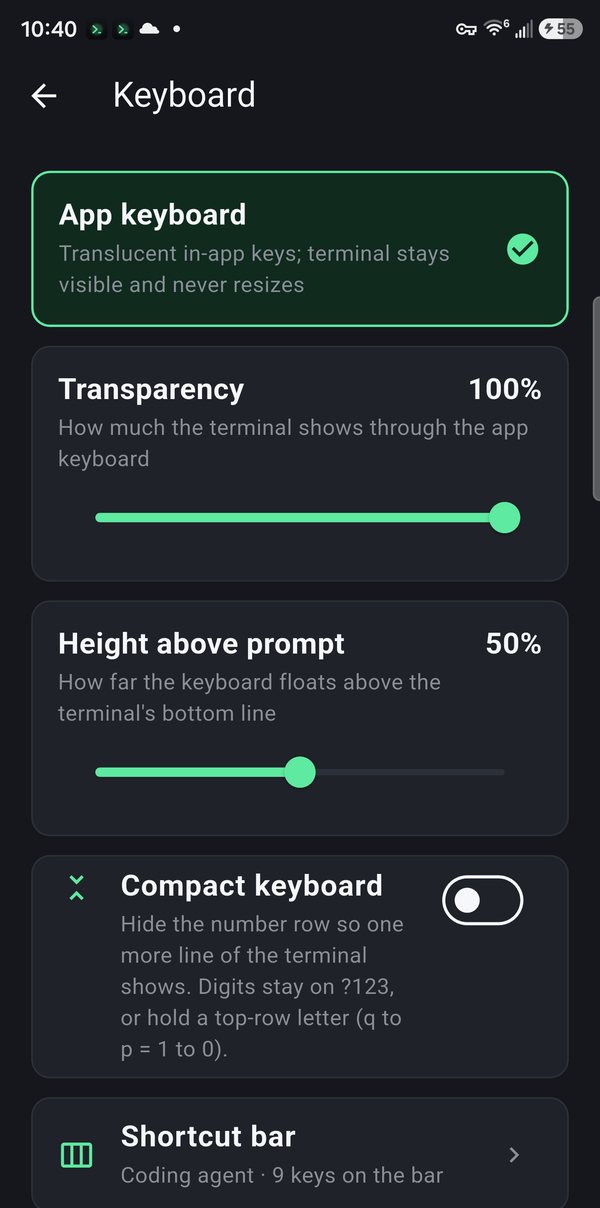 Keyboard settings: app keyboard, transparency, height above the prompt, compact keyboard, and the shortcut bar.