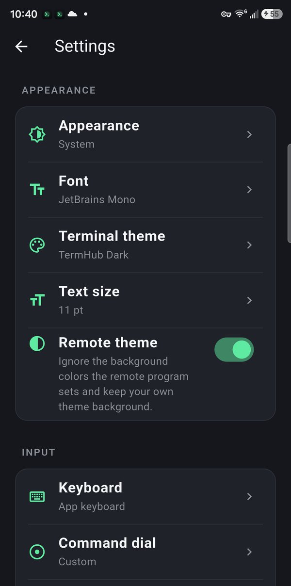 Settings: Appearance, Font, Terminal theme, Text size, Remote theme, Keyboard, and Command dial.