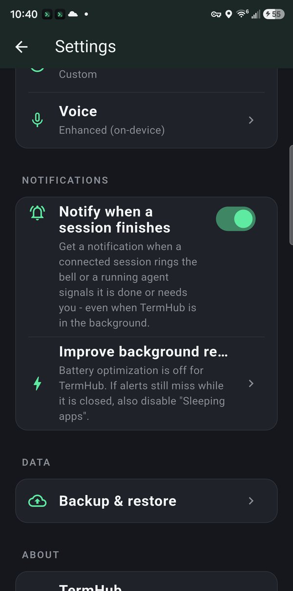 Settings further down: Voice, completion notifications, background reliability, and Backup and restore.
