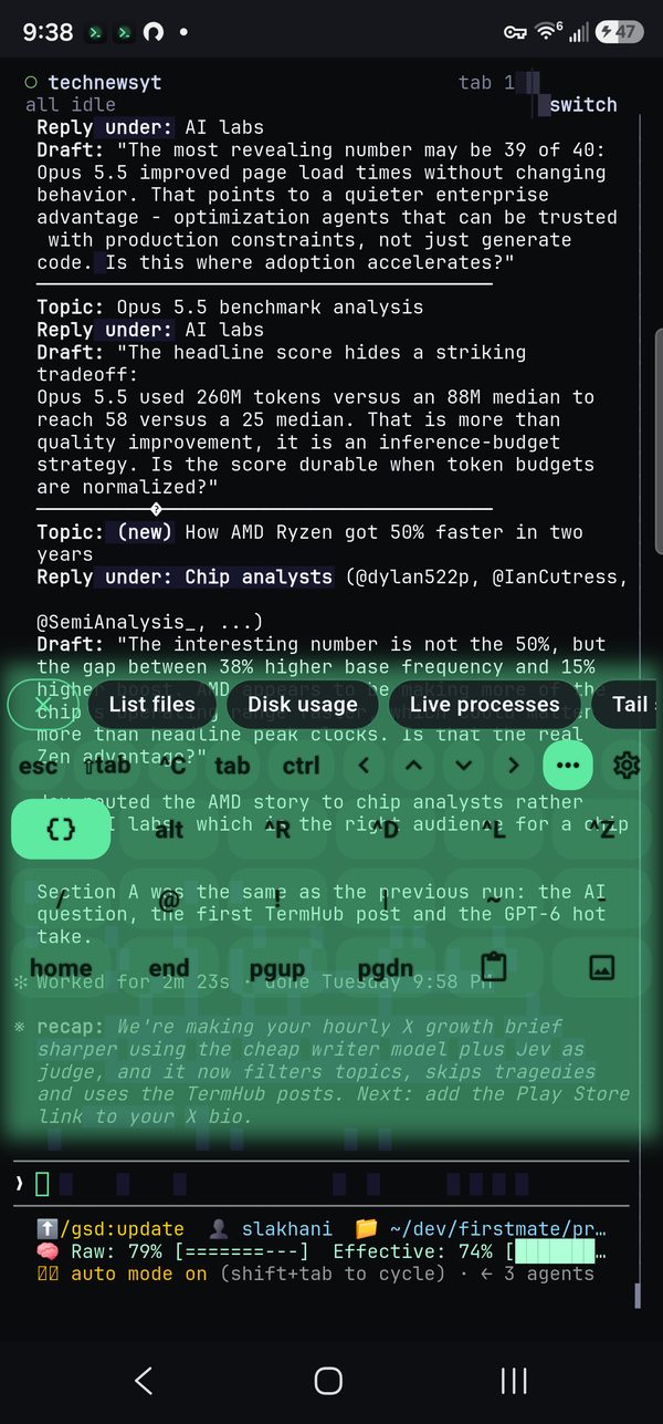 Saved commands shown as chips above the shortcut bar: List files, Disk usage, Live processes.