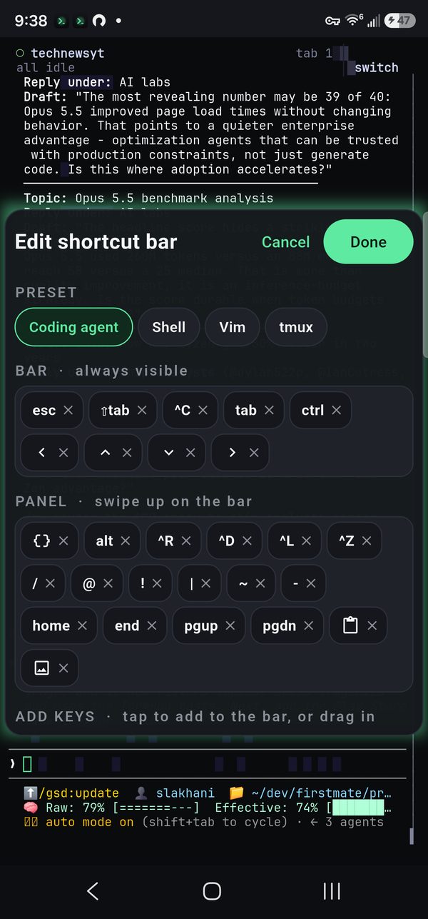 The shortcut bar editor with presets, the keys on the bar, the keys in the panel, and Cancel and Done.