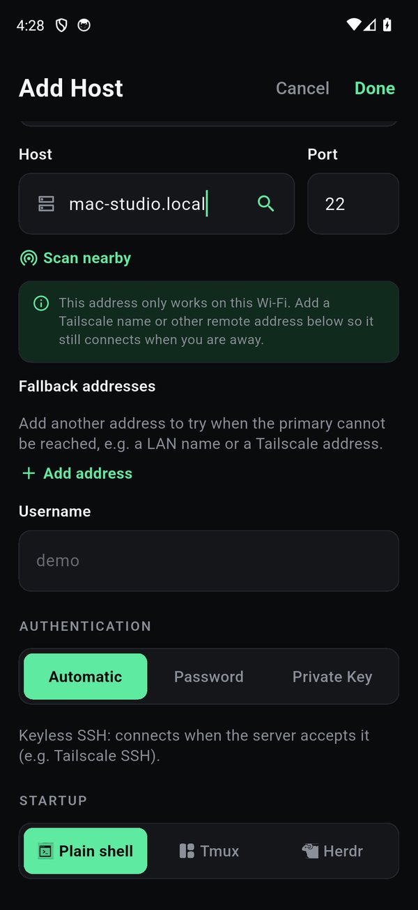 The local-only hint prompting for a Tailscale or remote fallback, with the keyless Tailscale SSH note below.