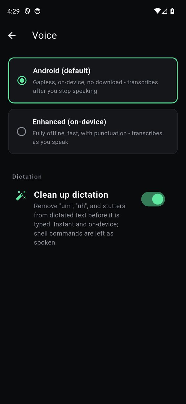 TermHub's Voice settings, the Android default engine, the Enhanced on-device engine, and the Clean up dictation toggle.